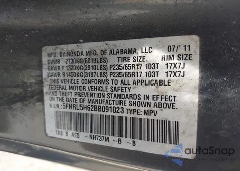 2011 Honda Odyssey Ex-L z USA, uszkodzony, nr VIN 5FNRL5H62BB091023